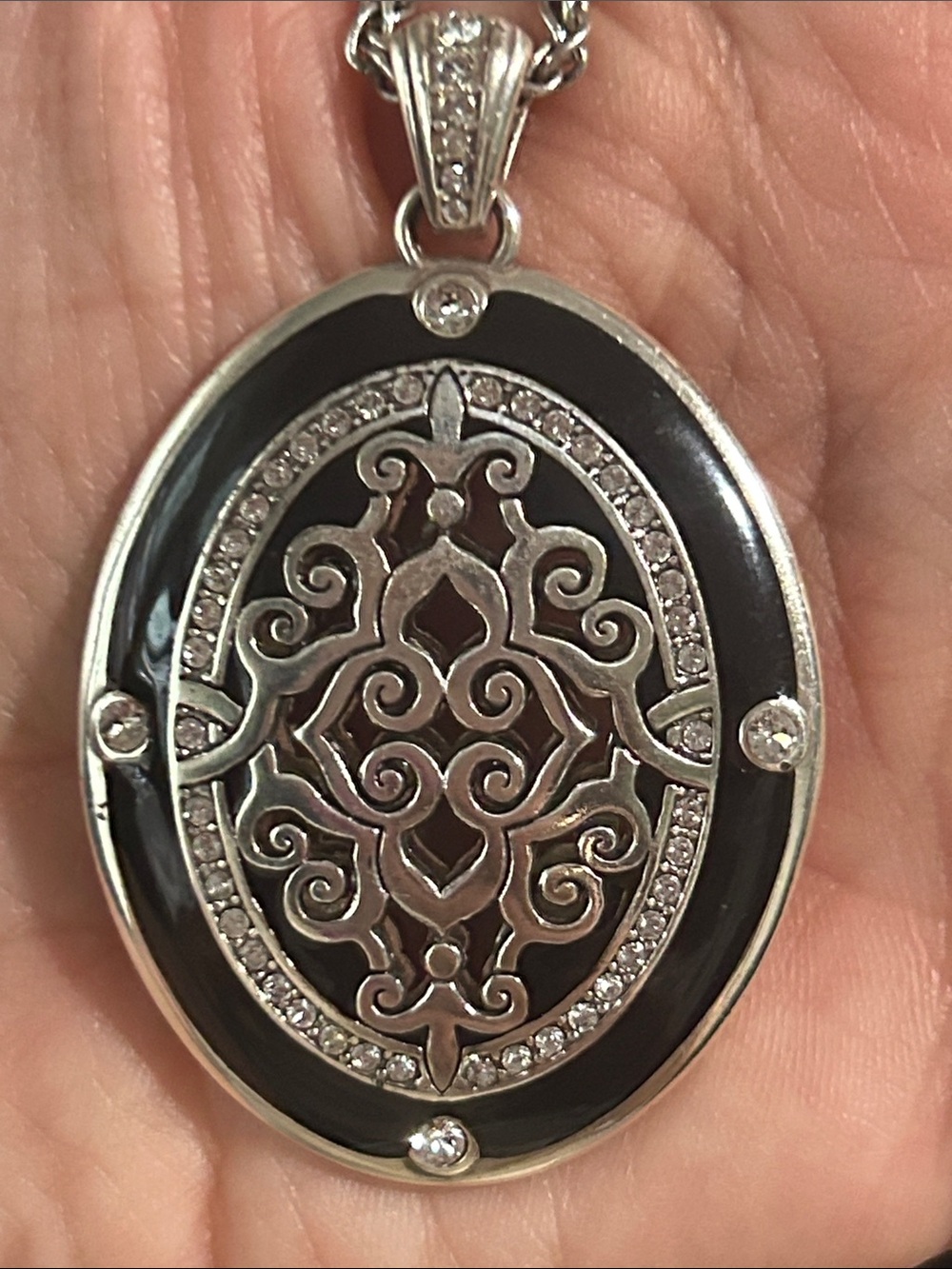 Brighton Silver Oval Filigree Pendant Necklace with Black Enamel Reversible gold - Picture 7 of 8